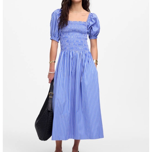 Madewell Dresses & Skirts - Madewell Smocked Puff Sleeve Midi Dress Womens XS Blue Striped Poplin Coastal